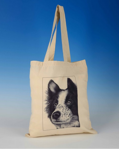 Soft feel material shopping bag with an image of a collie dog