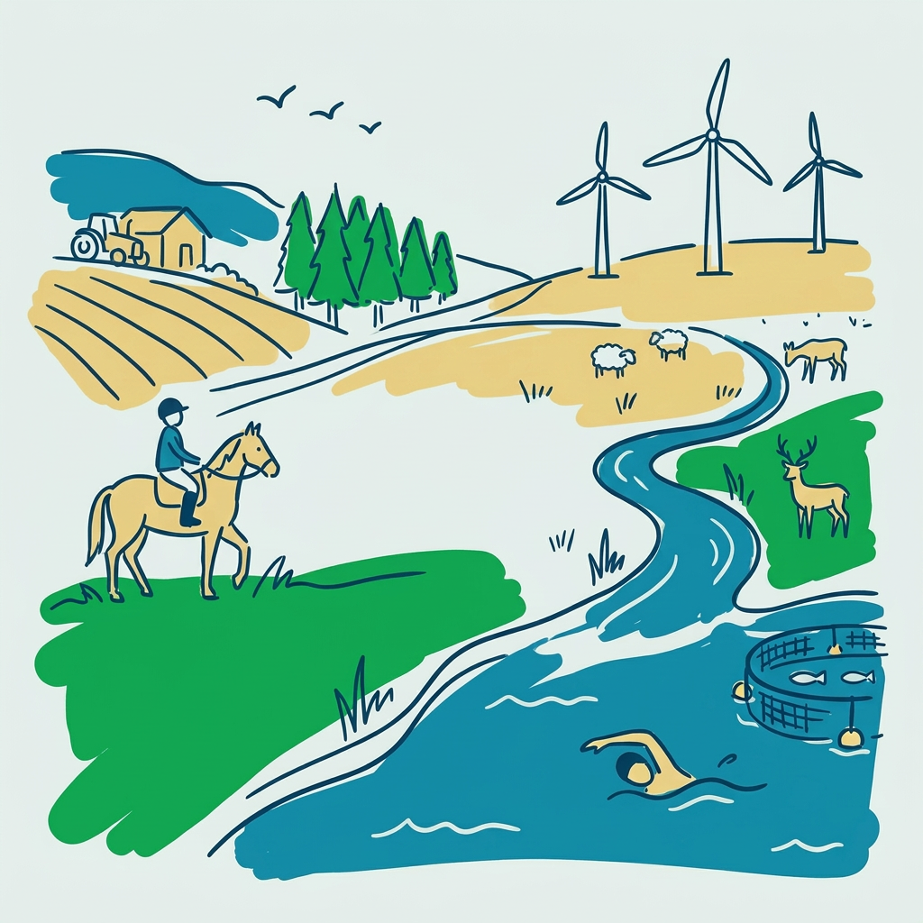 Illustration of Scottish rural and coastal landscape showing farming, forestry, wind turbines, a river, sheep, deer, aquaculture and a person on horseback