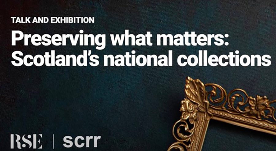 Event artwork for the 2025 Peter Wilson Lecture, a dark teal textured background with the corner of an ornate gilt picture frame and the Royal Society of Edinburgh and SCRR logos