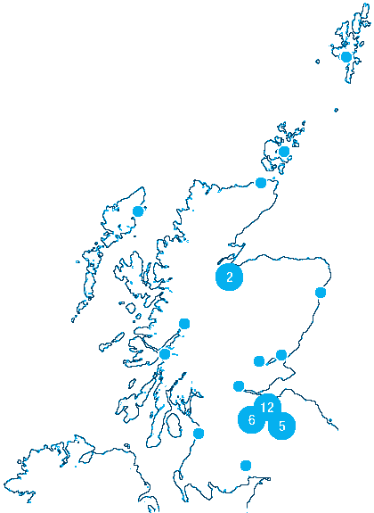 Map of Scotland marked with blue circles showing where SCRR's member organisations were based, from Shetland and the Highlands to a dense cluster around Edinburgh and the Borders